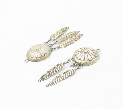 NAVAJO 925 Sterling Silver  Vintage Floral Feathers Dangle Earrings  EG8579