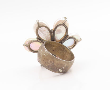 925 Sterling Silver Vintage Ring Elegant Mother Of Pearl Flower  Sz 8  RG35744