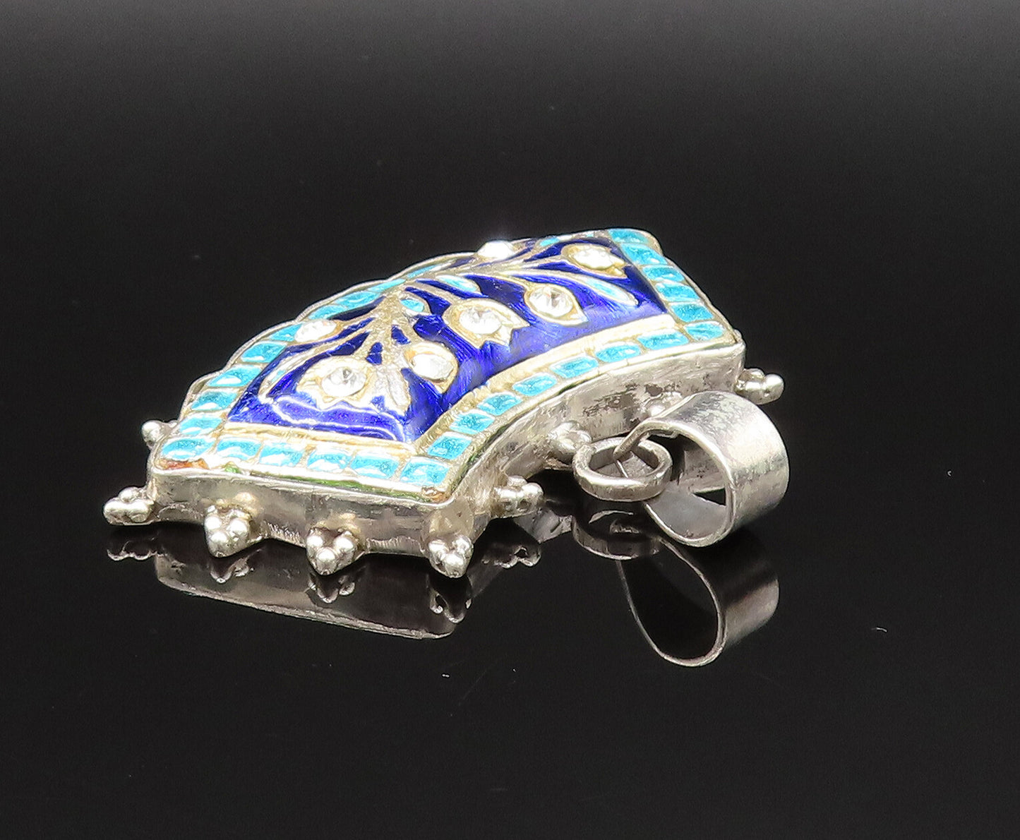 925 Silver  Vintage Double Sided Floral Enamel Cubic Zirconia Pendant  PT21004