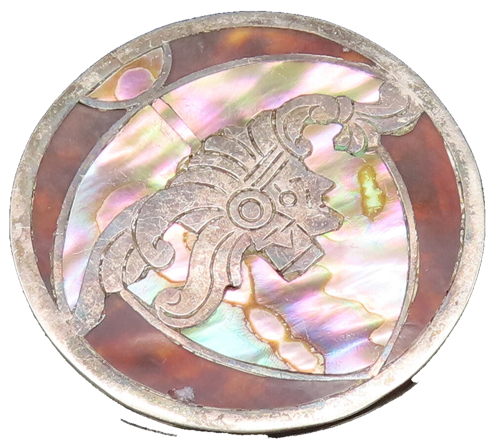 MEXICO 925 Silver  Vintage Abalone & Tiger's Eye Warrior Brooch Pin  BP10088