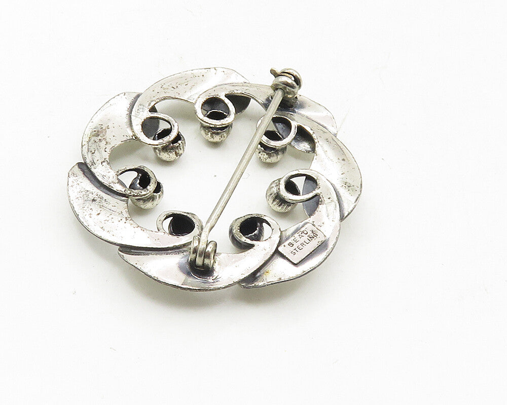 BEAU 925 Sterling Silver  Vintage Shiny Floral Leaf Wreath Brooch Pin  BP3773