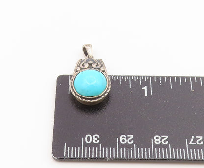 925 Sterling Silver Vintage Pendant Cabochon Turquoise Scrollwork Charm  PT26546