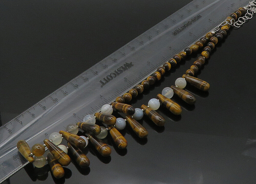 925 Sterling Silver  Vintage Agate & Tiger's Eye Beaded Chain Necklace  NE3594