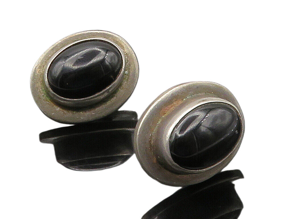 MEXICO 925 Sterling Silver  Vintage Cabochon Black Onyx Drop Earrings  EG7843