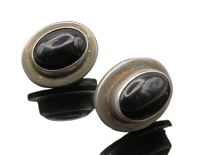 MEXICO 925 Sterling Silver  Vintage Cabochon Black Onyx Drop Earrings  EG7843