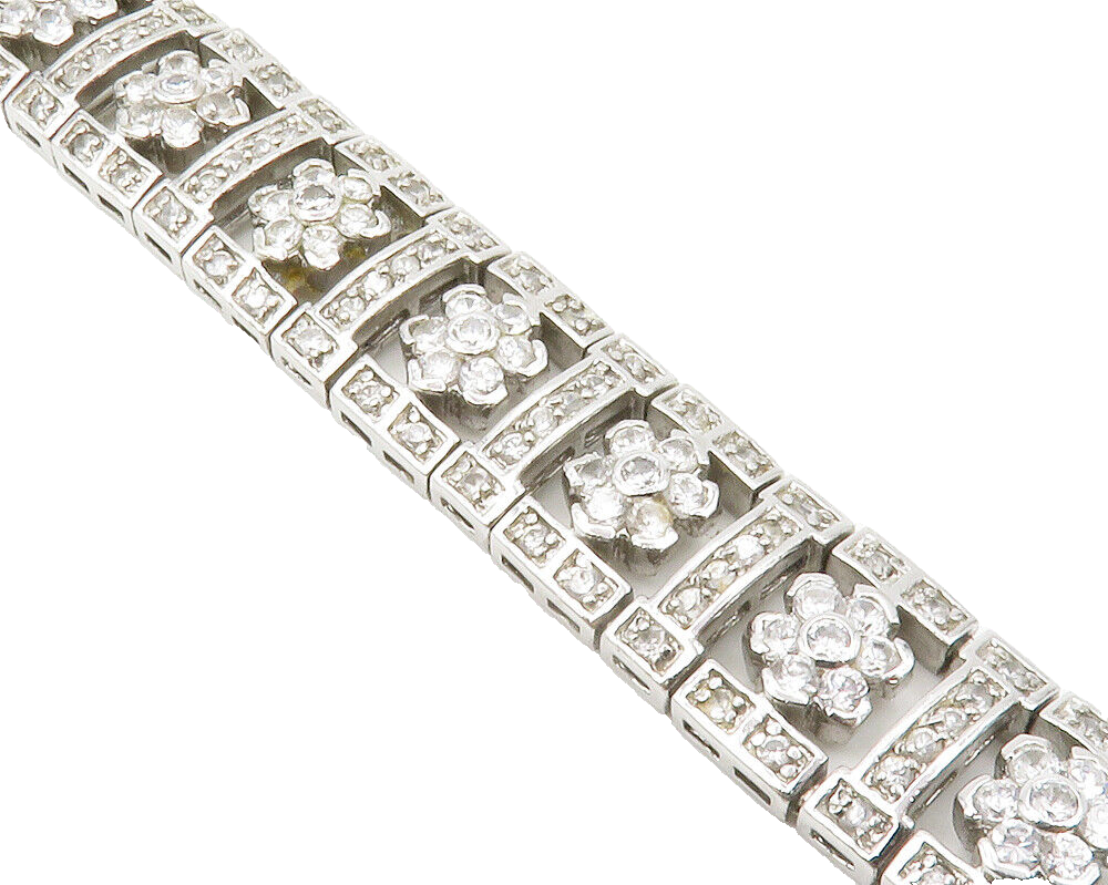 925 Sterling Silver  Shiny Cubic Zirconia Floral Link Chain Bracelet  BT5239