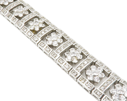 925 Sterling Silver  Shiny Cubic Zirconia Floral Link Chain Bracelet  BT5239
