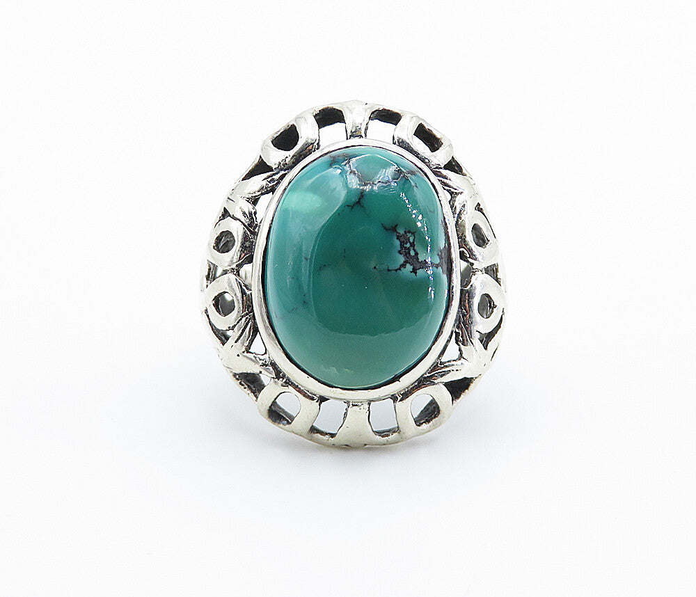 925 Sterling Silver  Cabochon Cut Turquoise Cutout Cocktail Ring Sz 8.5 RG8198
