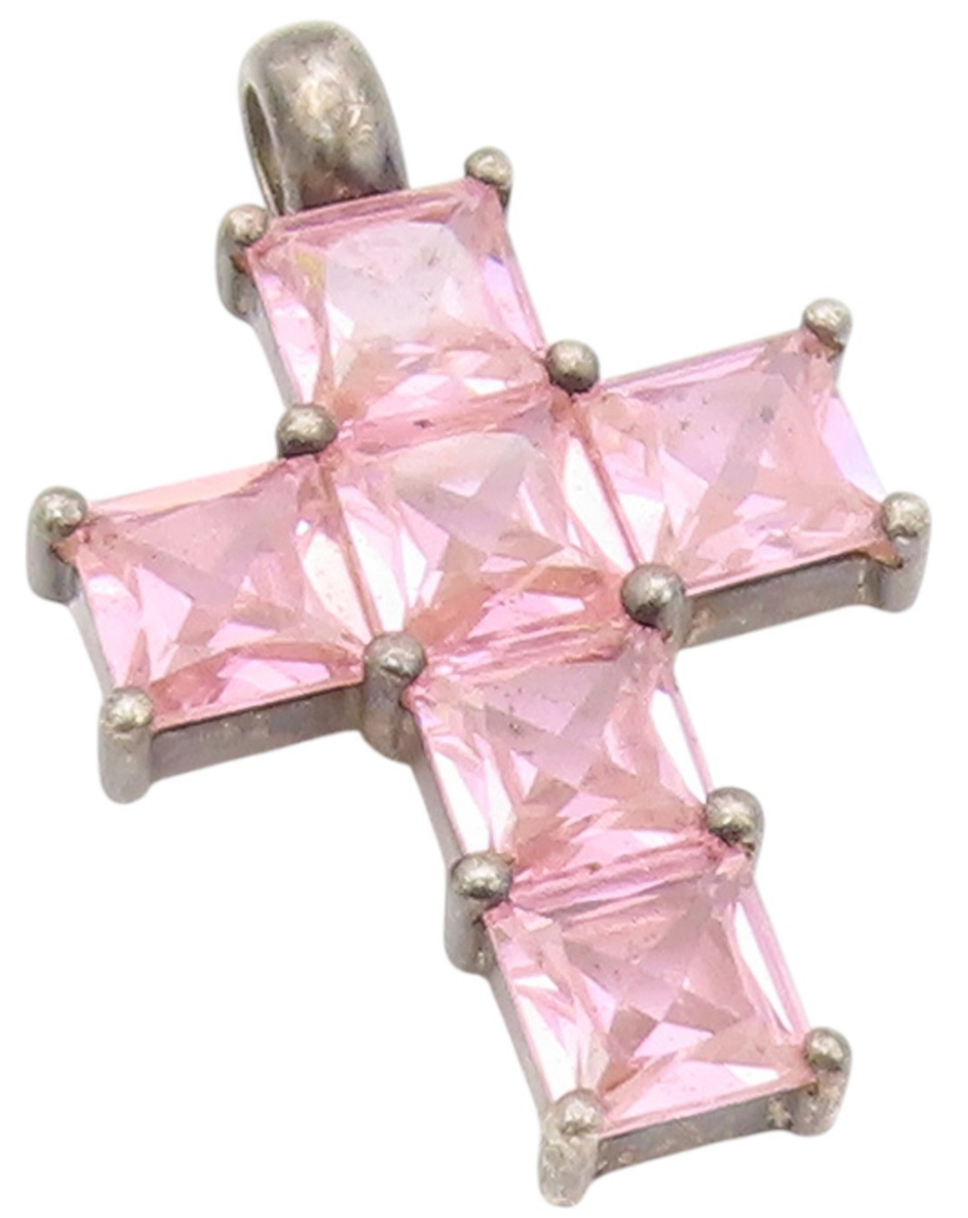 925 Sterling Silver Vintage Pendant Pink Topaz Religious Cross Charm  PT25688