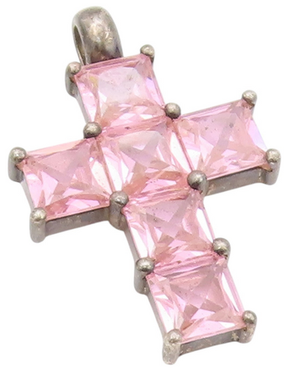 925 Sterling Silver Vintage Pendant Pink Topaz Religious Cross Charm  PT25688