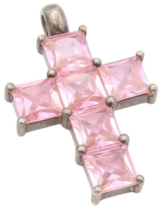 925 Sterling Silver Vintage Pendant Pink Topaz Religious Cross Charm  PT25688