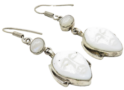 925 Silver  Vintage Cabochon Cut Moonstone Face Carved Dangle Earrings  EG5718
