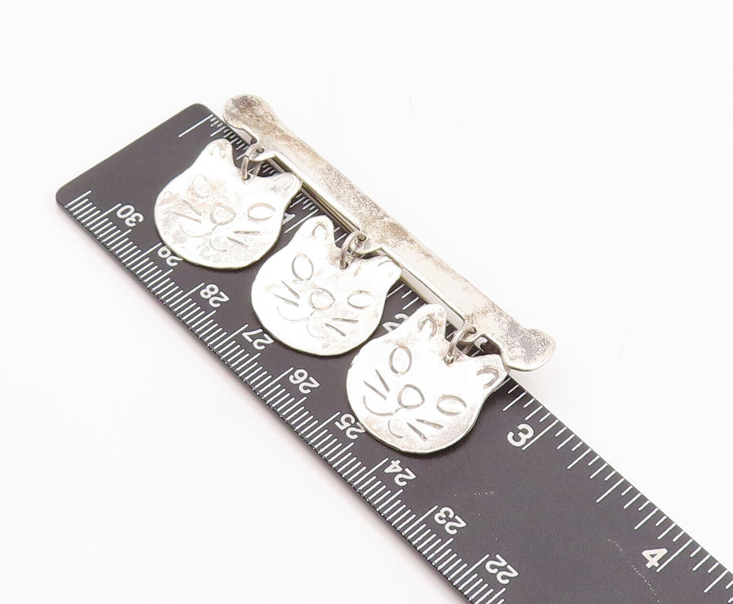 925 Sterling Silver Vintage Brooch Pin Solid Etched Dangling Cat Faces  BP10876