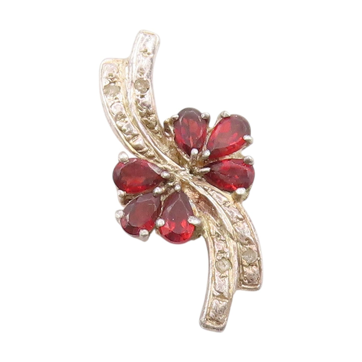 925 Sterling Silver Vintage Pendant Real Diamonds & Garnet Floral Charm  PT25041