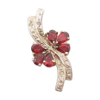 925 Sterling Silver Vintage Pendant Real Diamonds & Garnet Floral Charm  PT25041