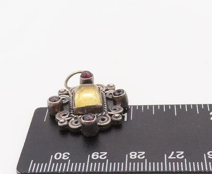 925 Sterling Silver Vintage Pendant Dark Tone Swirly Carved Citrine  PT23553