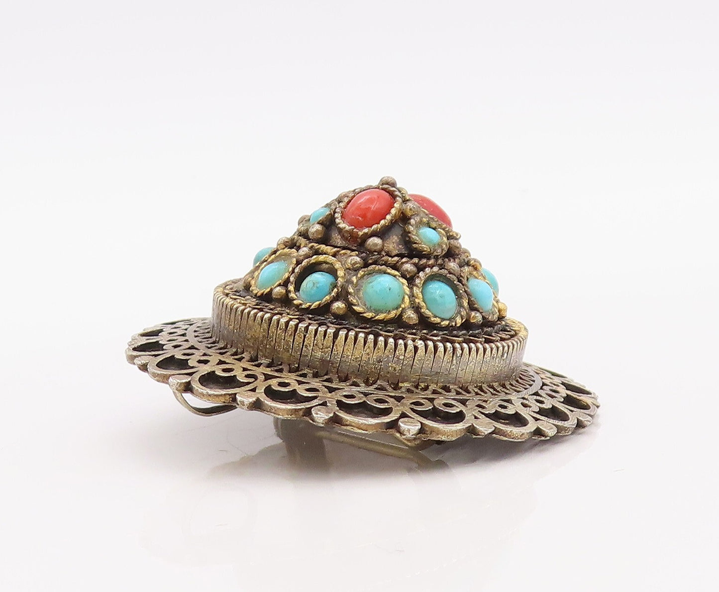925 Sterling Silver Vintage Brooch Pin ISRAEL Gold Plated Turquoise   BP11217