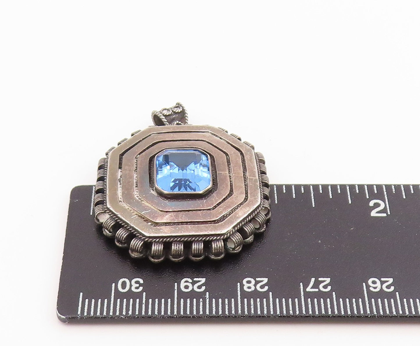 925 Sterling Silver Vintage Pendant EREZ ISRAEL Classic Blue Topaz Charm PT26238