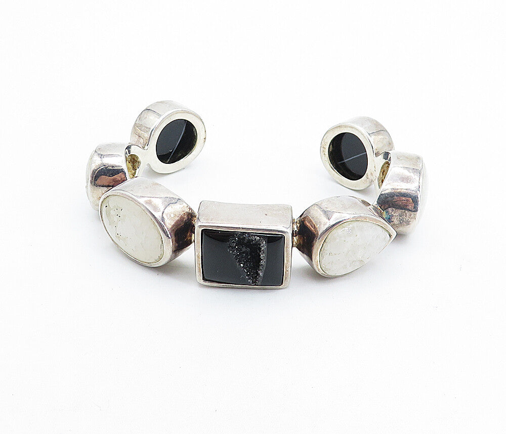 ISHARYA 925 Silver Quartz & Black Agate Multi Shape Cuff Bracelet BT3057