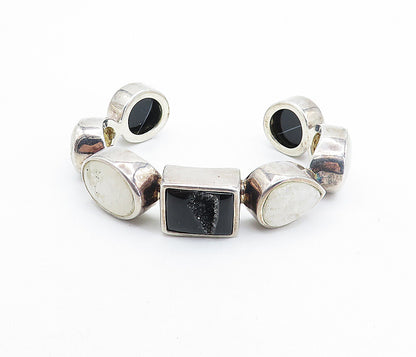 ISHARYA 925 Silver Quartz & Black Agate Multi Shape Cuff Bracelet BT3057