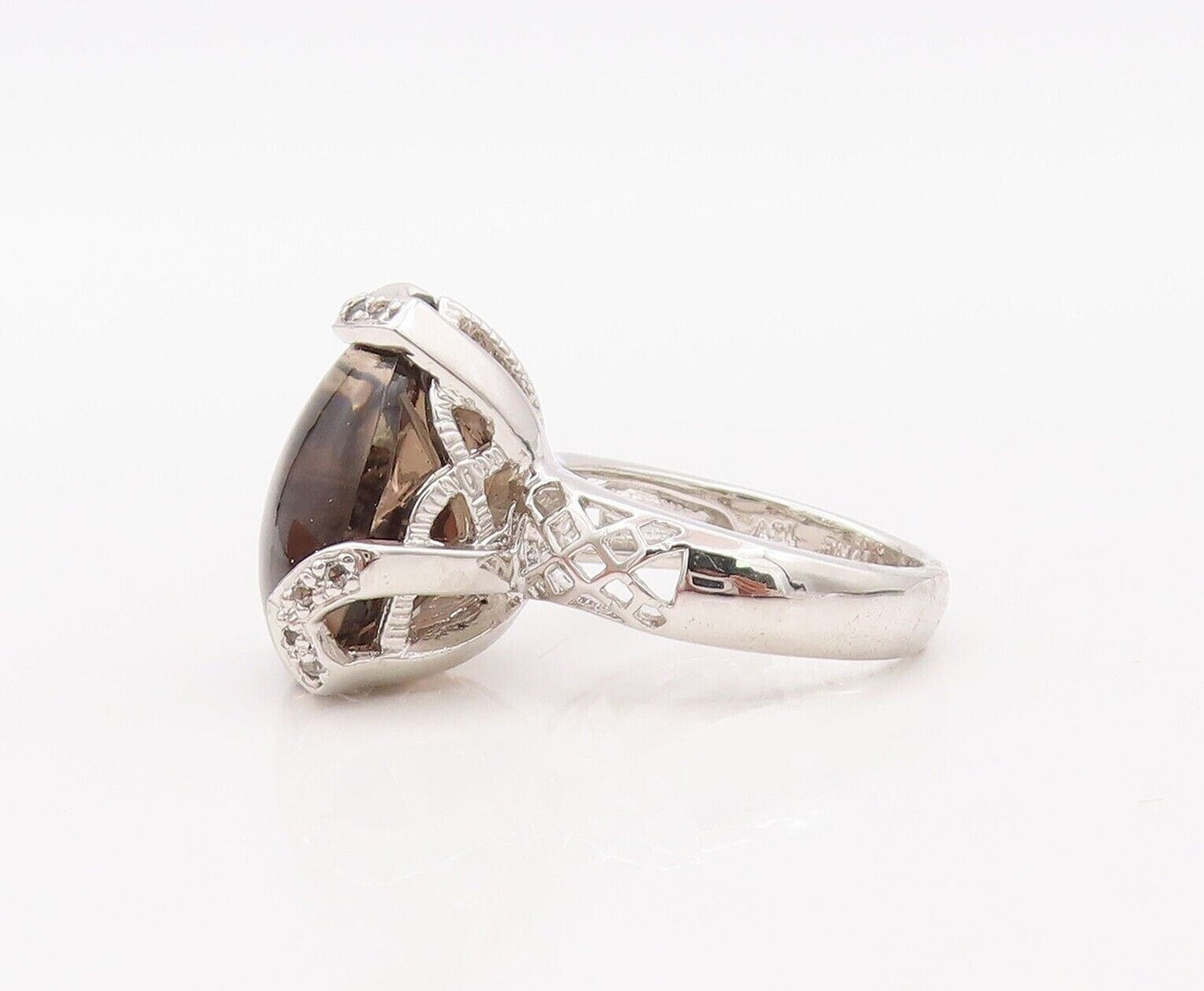 925 Sterling Silver Vintage Ring Cabochon Drop Shape Smoky Quartz  Sz 6  RG30278