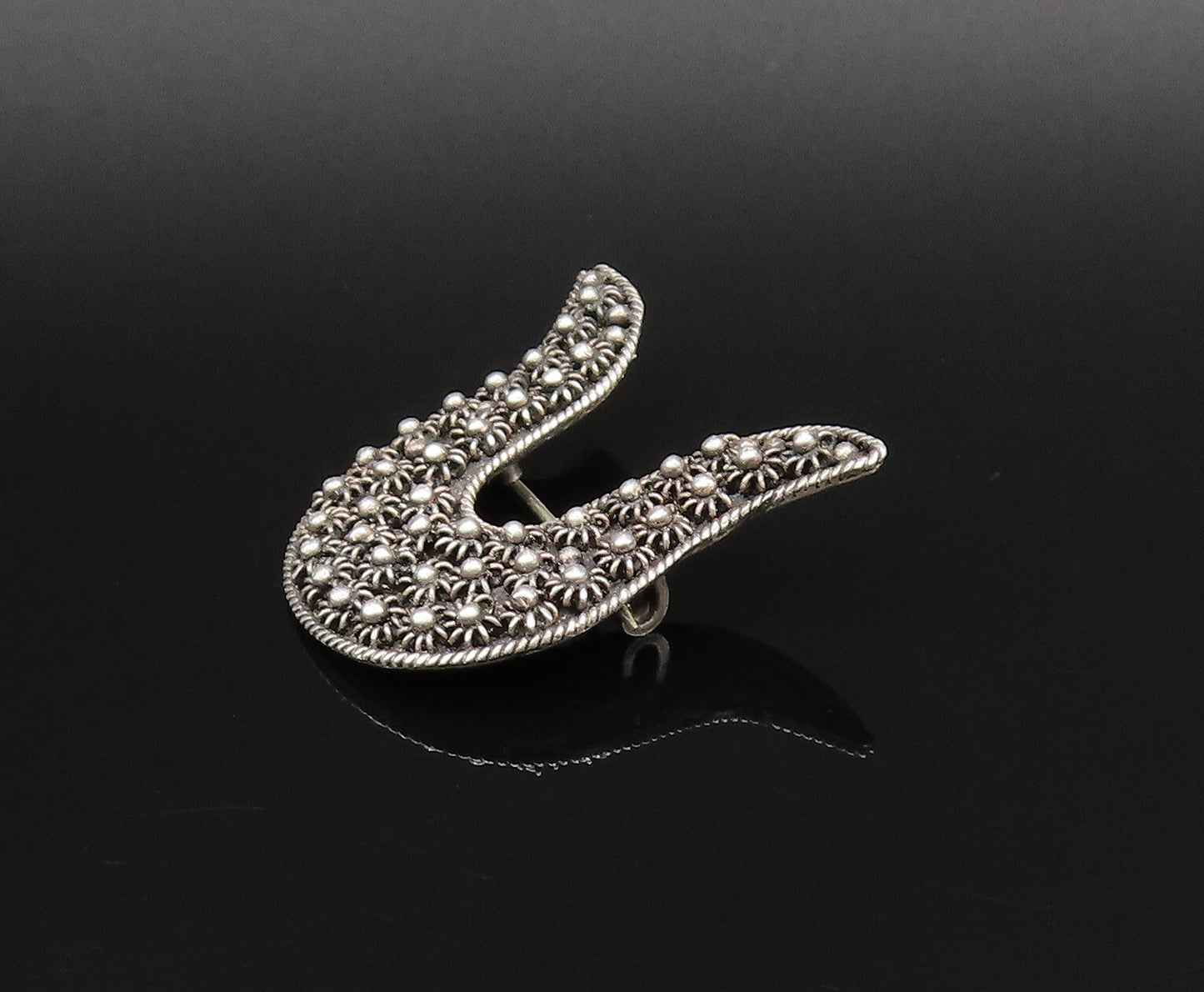 925 Silver  Vintage Twisted Rope Border Floral Beaded Curved Brooch Pin BP9825