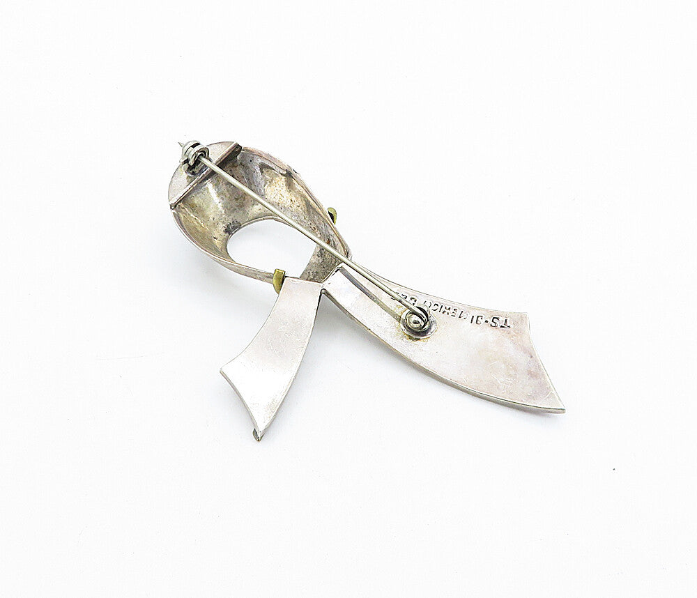 MEXICO 925 Sterling Silver  Vintage Two Tone Ribbon Motif Brooch Pin  BP1676