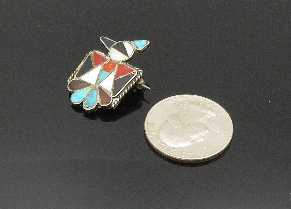 ZUNI NAVAJO 925 Silver Vintage Mother Of Pearl Multi Stone Brooch Pin BP7924