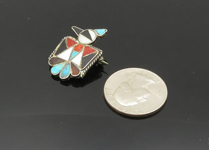 ZUNI NAVAJO 925 Silver Vintage Mother Of Pearl Multi Stone Brooch Pin BP7924