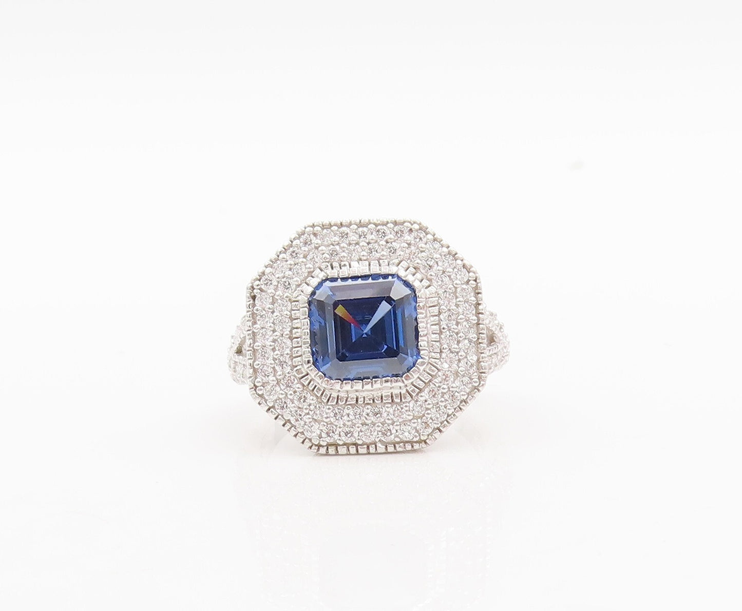 925 Sterling Silver Vintage Ring Designer Square Sapphire CZ Inlay Sz 7 RG29795