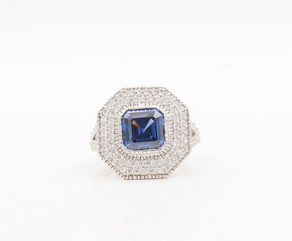 925 Sterling Silver Vintage Ring Designer Square Sapphire CZ Inlay Sz 7 RG29795