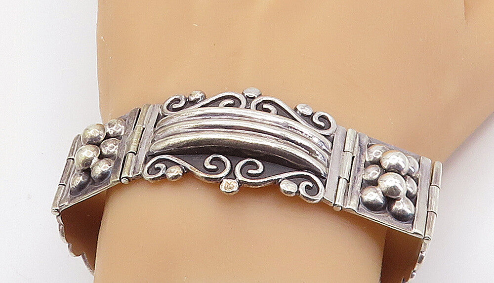 CII MEXICO 925 Silver  Vintage Swirl Patterned Bar Link Chain Bracelet  BT3029