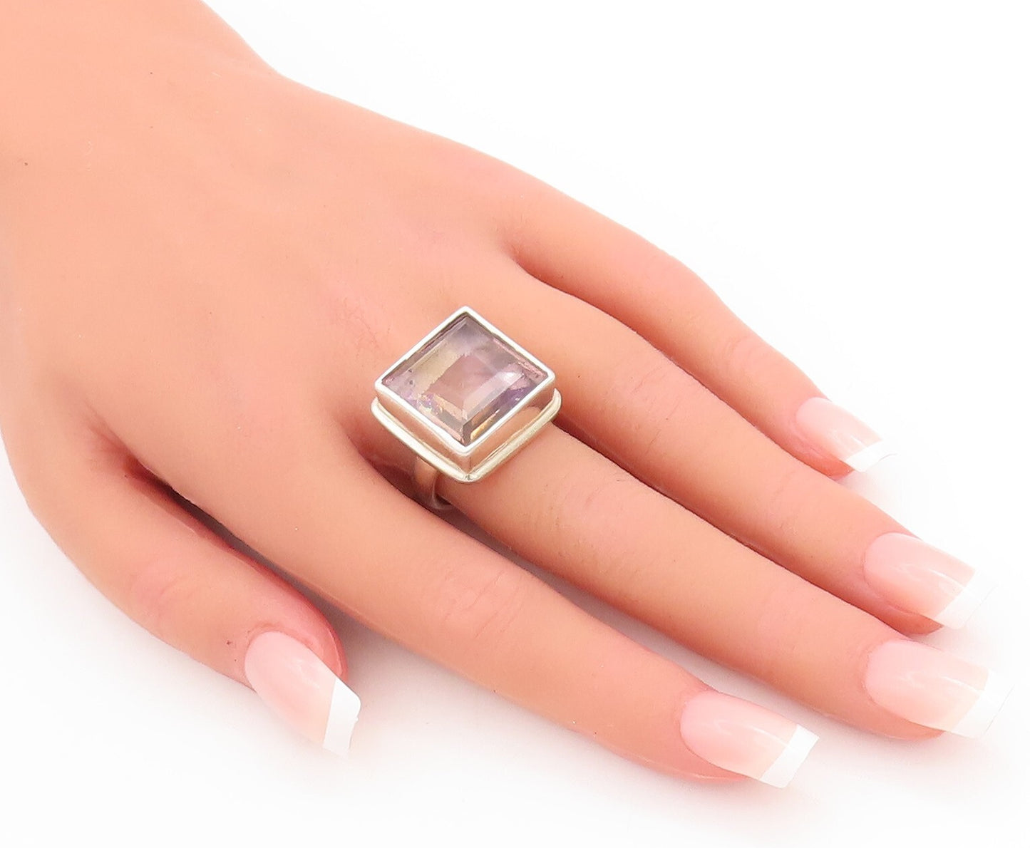 925 Sterling Silver Vintage Ring Minimalist Square Inlay Gemstone  Sz 7  RG28677