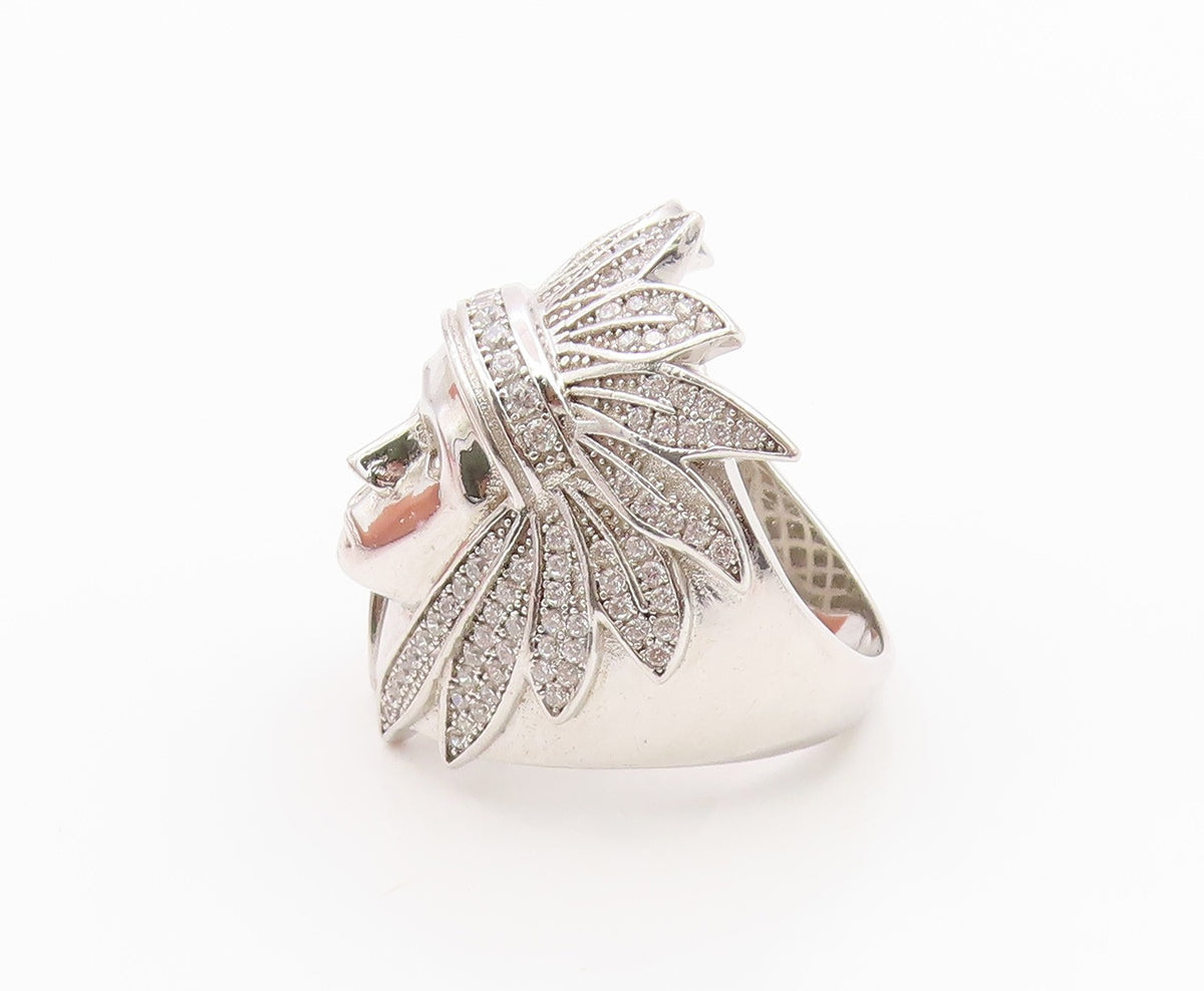 925 Sterling Silver Vintage Ring CZ Native American Chief Head  Sz 8  RG36254