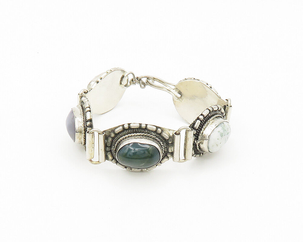 925 Silver  Vintage Cabochon Jasper & Agate Shiny Hinge Chain Bracelet  BT7129