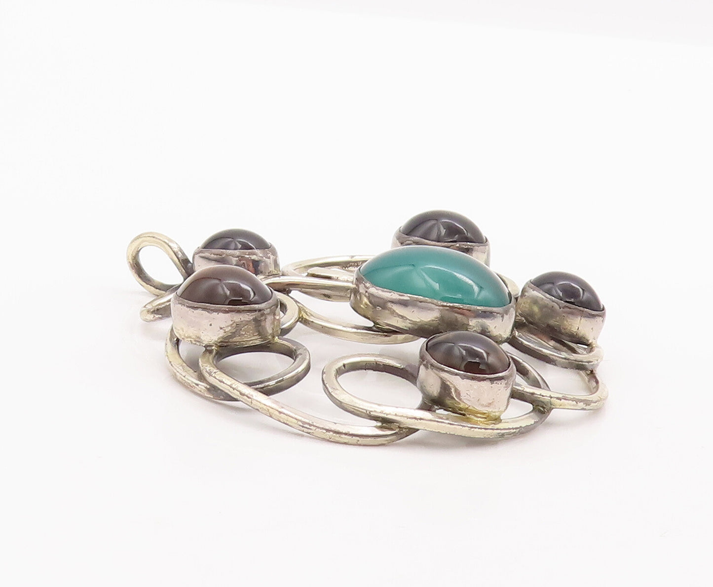 925 Sterling Silver Vintage Pendant TEPPICH ISRAEL Loop Carved Gemstones PT23114