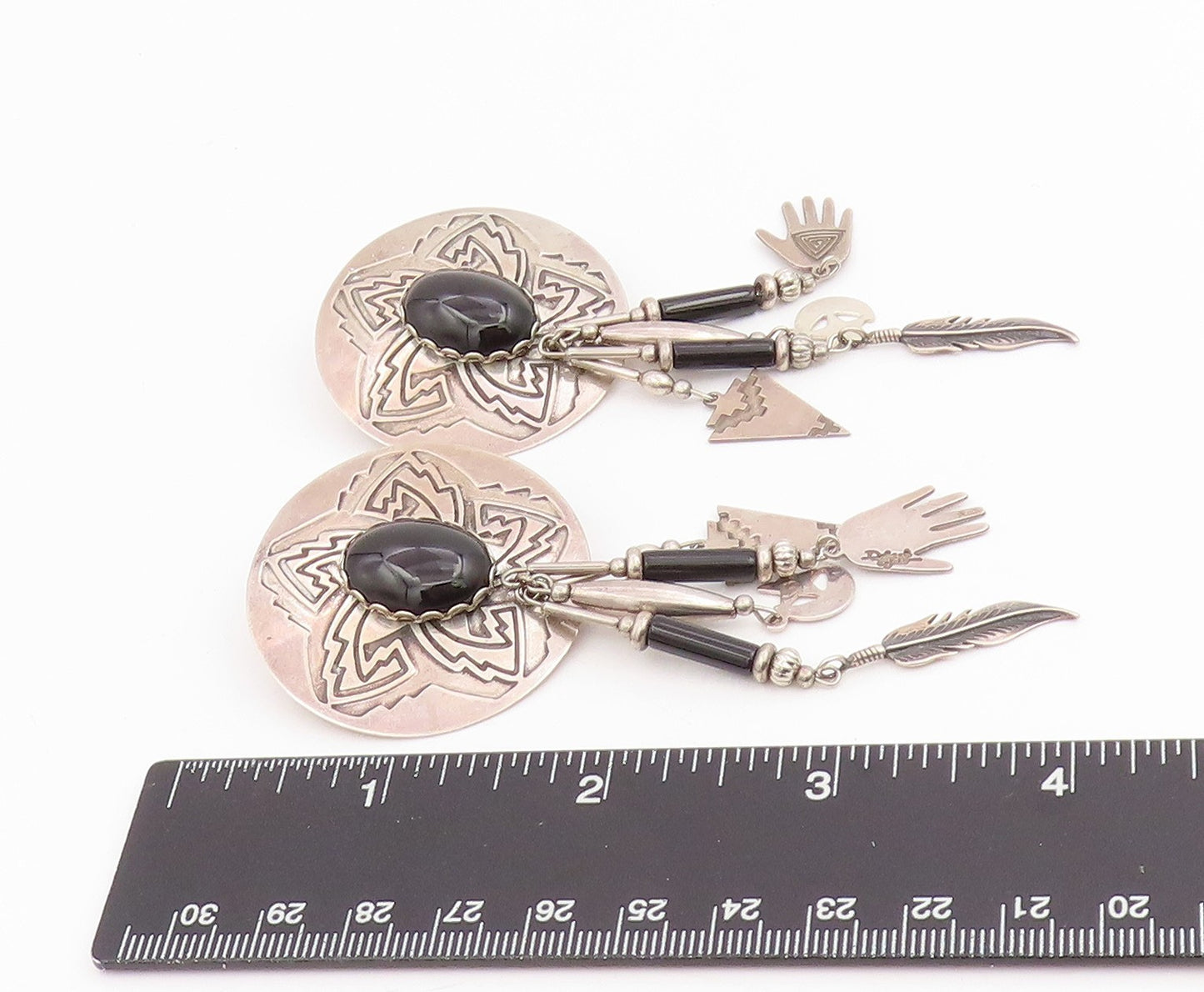 925 Sterling Silver Vintage Earrings DEBORAH WEST Black Onyx Dangles  EG14064
