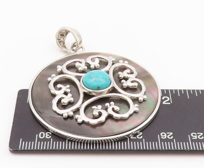 925 Sterling Silver Vintage Pendant Turquoise Carved Abalone Disk  PT24321