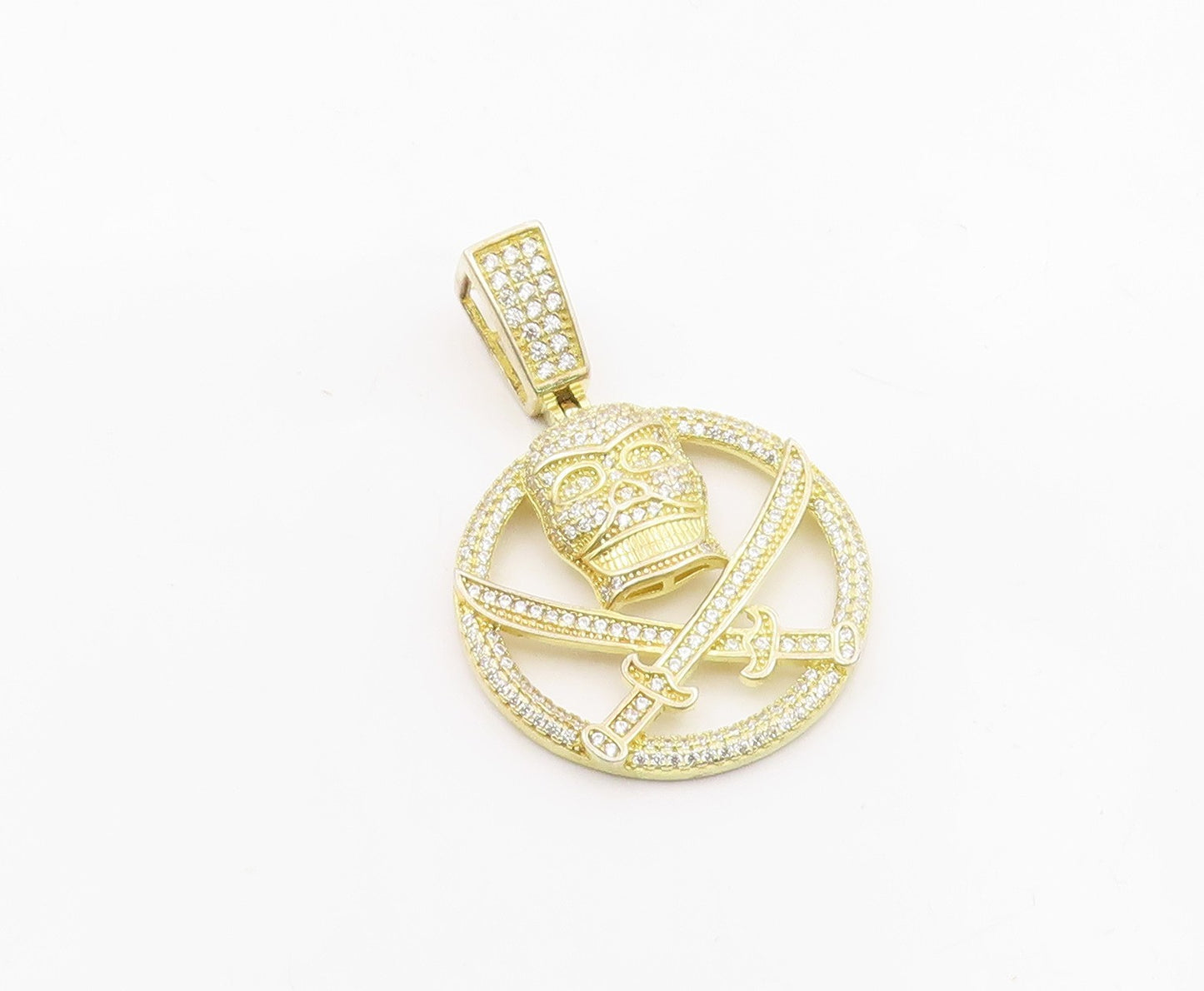 925 Silver  Vintage Topaz Gold Plated Pirate Skull & Swords Pendant  PT19914