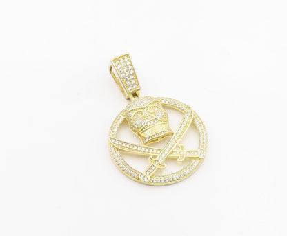 925 Silver  Vintage Topaz Gold Plated Pirate Skull & Swords Pendant  PT19914