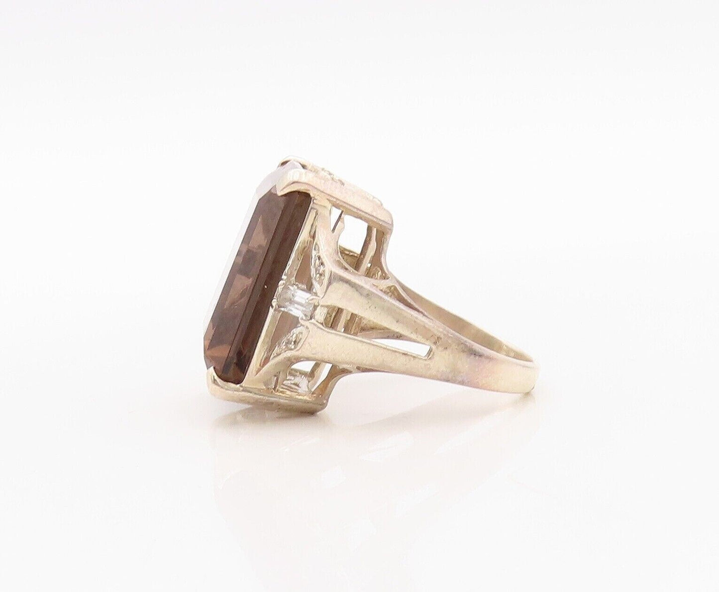 925 Sterling Silver Vintage Ring Rectangle Cut Smoky Quartz & CZ  Sz 7  RG29944