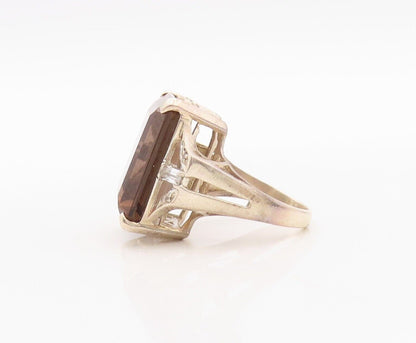 925 Sterling Silver Vintage Ring Rectangle Cut Smoky Quartz & CZ  Sz 7  RG29944