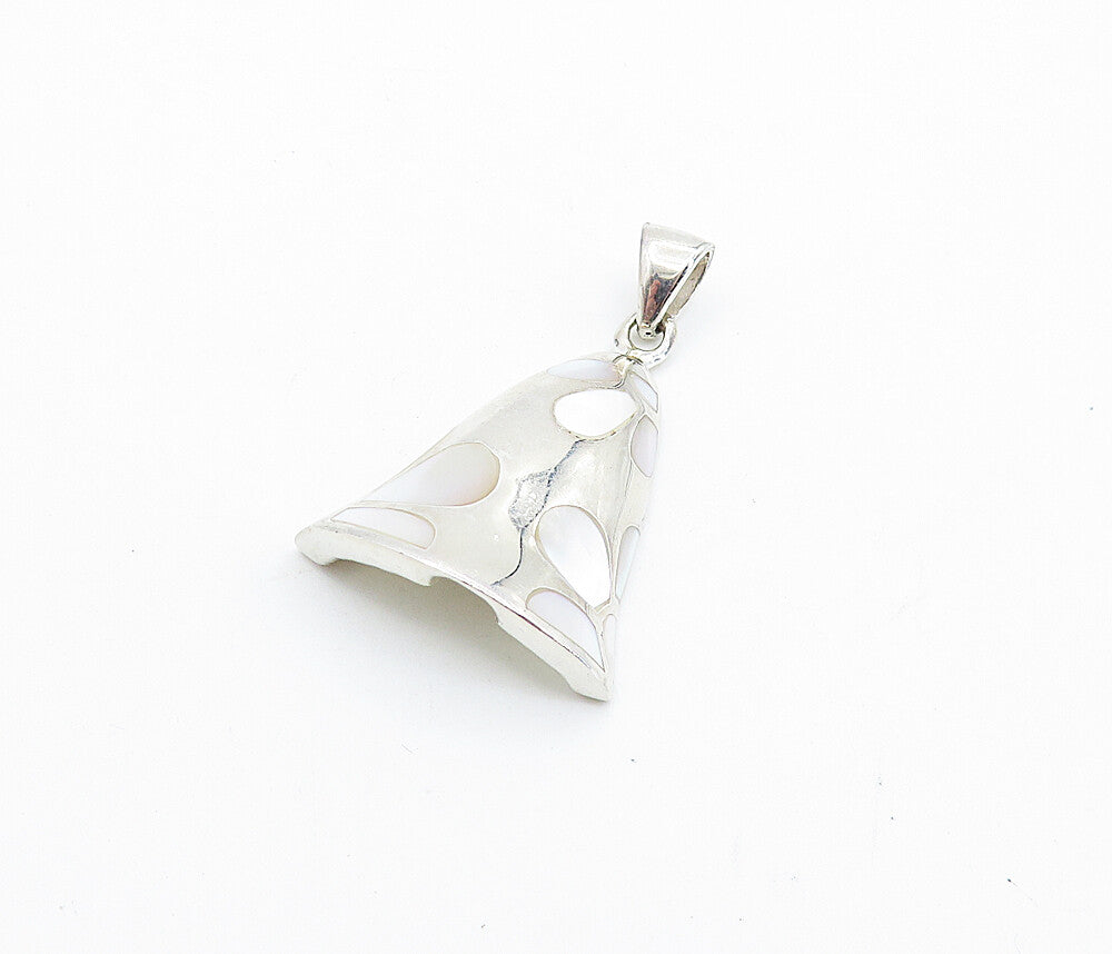 925 Sterling Silver  Vintage Inlaid Mother Of Pearl Floral Bell Pendant PT5542
