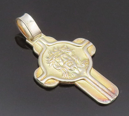 925 Sterling Silver Vintage Pendant Solid Gold Plated Carved Jesus Cross PT22776