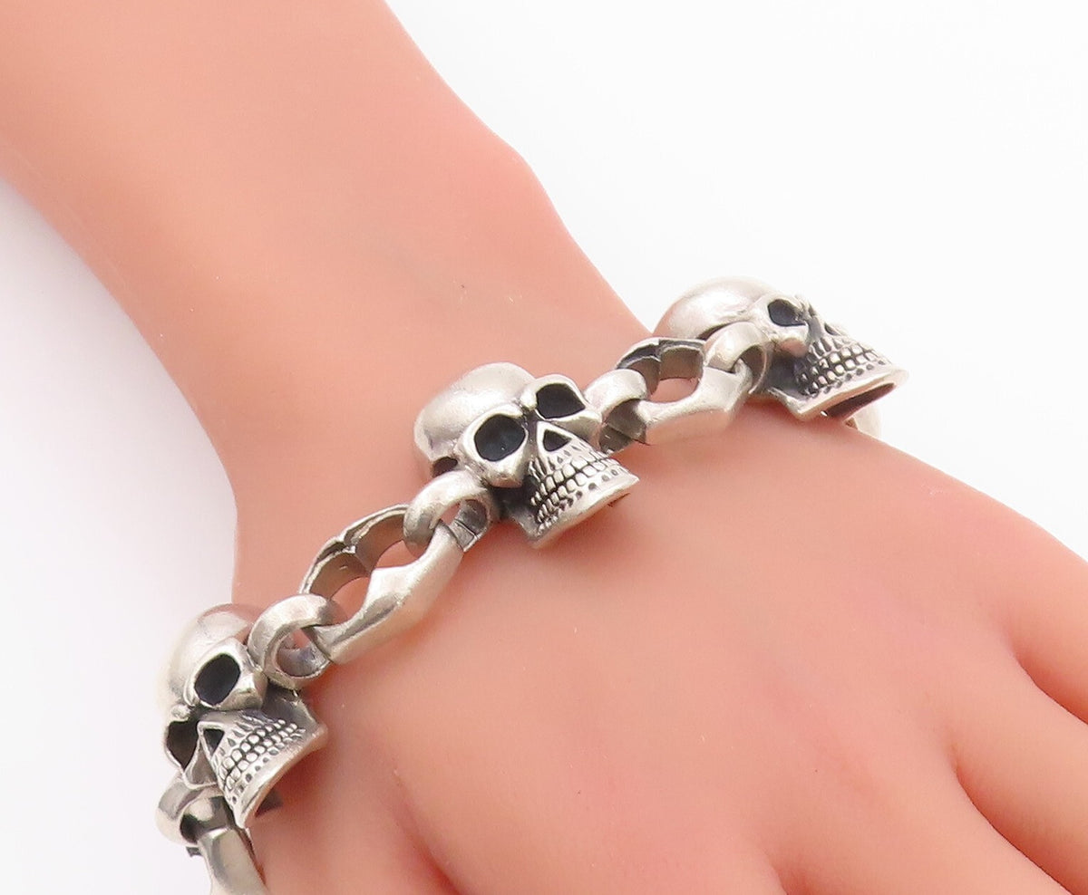 925 Sterling Silver Vintage Bracelet Heavy Carved Skulls Biker Design  BT11124