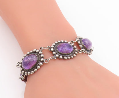 925 Sterling Silver Vintage Bracelet Cabochon Amethyst Beaded Link  BT11845