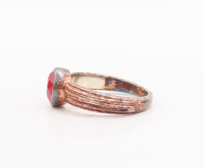 925 Sterling Silver Vintage Ring Round Ruby Inlay Grooved Band  Sz 7.5  RG29609