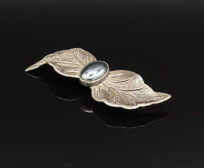 ISRAEL 925 Silver  Vintage Oval Hematite Double Leaf Wings Brooch Pin  BP9746