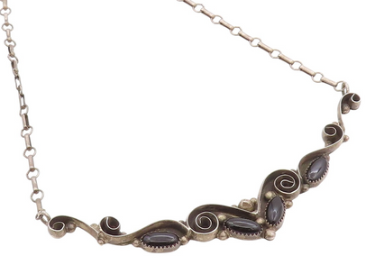 925 Sterling Silver Vintage Necklace SOUTHWESTERN Antique Onyx Swirls NE4596
