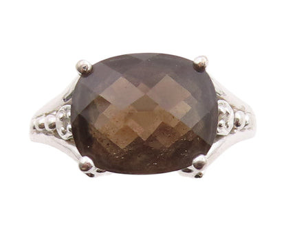 925 Sterling Silver Vintage Ring Diamonds & Oval Cut Smoky Quartz  Sz 7  RG33186